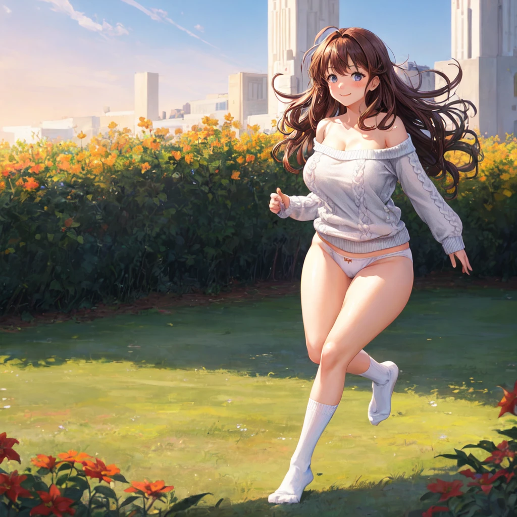 ((Best Quality)), ((Masterpiece)), (detailed), anime girl, red off shoulder sweater, white panties, (campo floral), good lighting, blush, shy smile, White socks, whole body (big breasts, muslos detaileds), running in the field, brown wavy hair, wide