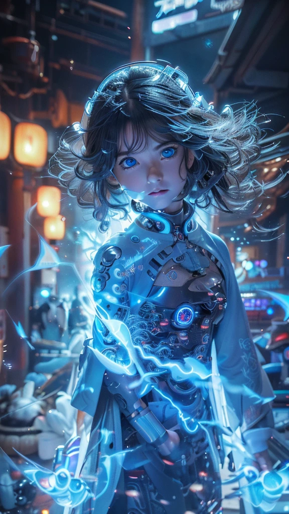 Ultra-detailed, master piece, best quality, high resolution,  detailed eyes, detailed face, (Neo Tokyo:1.5), (Cyberpunk:1.5), (Fusion with Machine:1.5), , very pretty and beautiful, girl with mysterious atmosphere, ghost,  in appearance, graceful in traditional Japanese costume and design, (beautiful light blue eyes:1.5), (light blue plasma around her:1.5), bio-mechanical, traditional Japanese room with elegance, long black hair, bangs, face, hands, design and (light blue plasma surrounds), biomechanical, Japanese traditional noble Japanese room, long black hair, bangs, face, hands, designs and decorations are detailed and clearly drawn, ultra realistic and realistic image with super high resolution