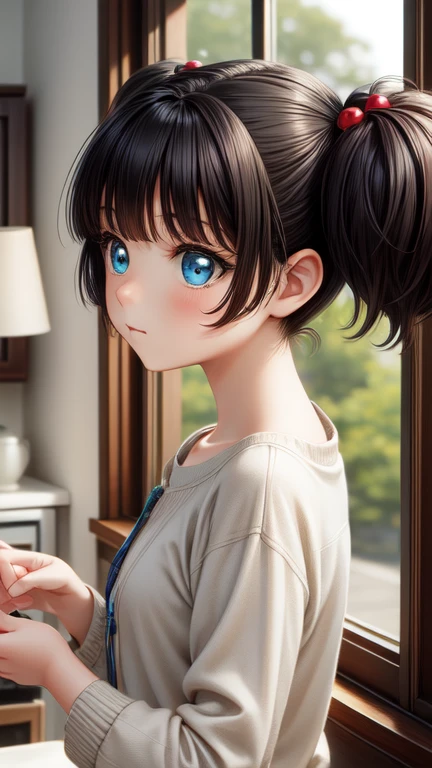 masterpiece, Highest quality, Very detailed, 1 Girl,Twin tails, Black Hair, hair ornaments,Hair Bobble, blue eyes,indoor,