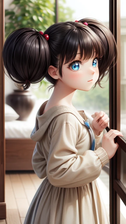 masterpiece, Highest quality, Very detailed, 1 Girl,Twin tails, Black Hair, hair ornaments,Hair Bobble, blue eyes,indoor,