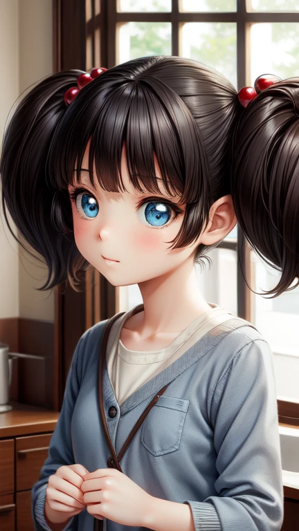 masterpiece, Highest quality, Very detailed, 1 Girl,Twin tails, Black Hair, hair ornaments,Hair Bobble, blue eyes,indoor,