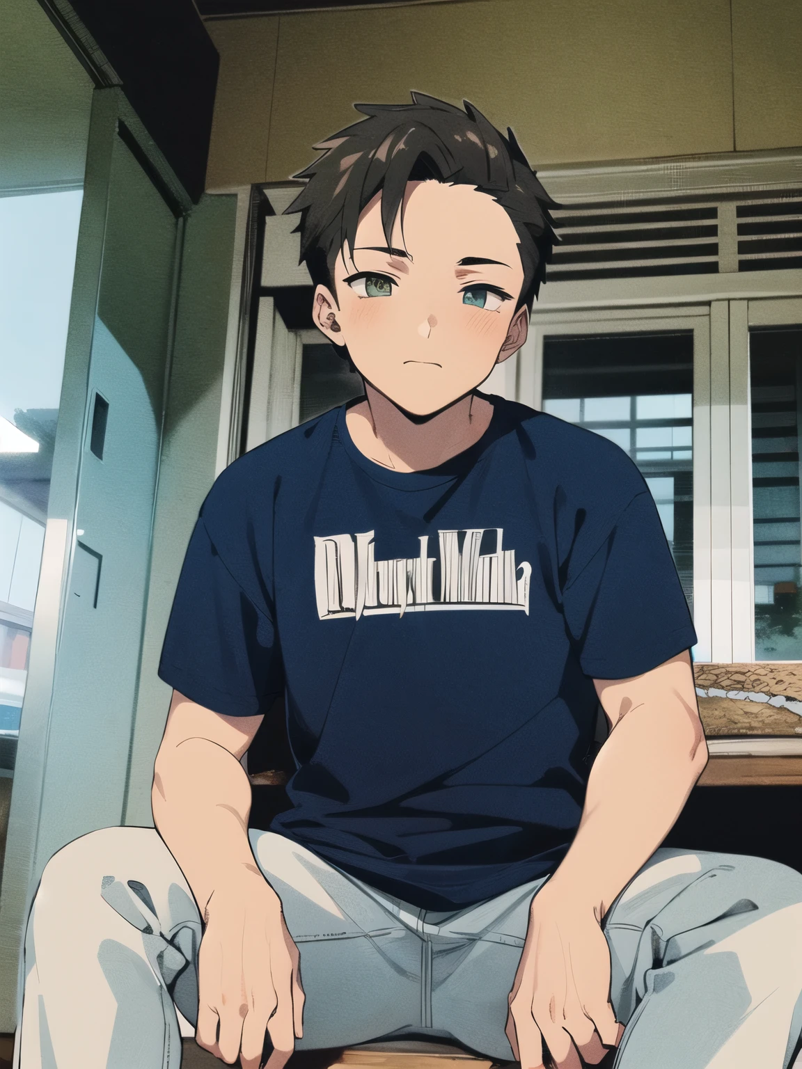 Anime boy cool cute skin white sitting pose foward pants long