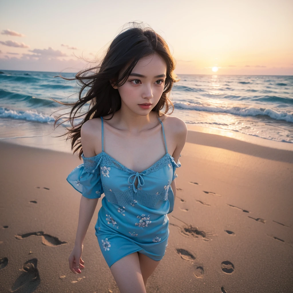 1girl in a blue pattern summer dress, beautiful detailed eyes, beautiful detailed lips, extremely detailed face, long eyelashes, walking on a white sand beach, sunset sky, vibrant colors, dramatic lighting, cinematic composition, (best quality,4k,8k,highres,masterpiece:1.2),ultra-detailed,(realistic,photorealistic,photo-realistic:1.37),cinematic lighting,golden hour,vivid colors,highly detailed,intricate details