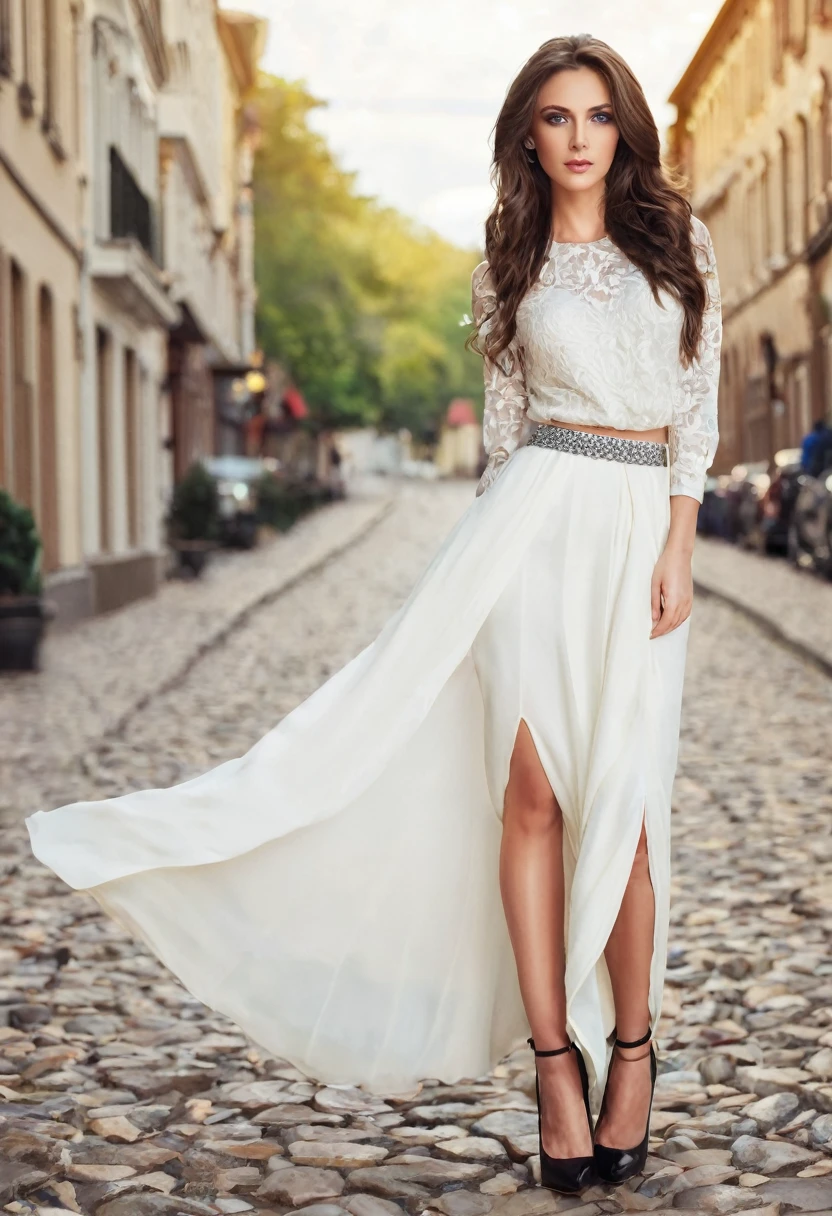 Beautiful woman, beautiful style, beautiful clothes, beautiful eyes, beautiful romantic style , full length , high shoes 