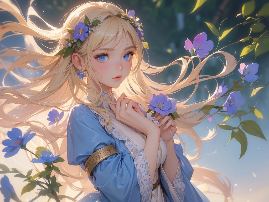 work of art, ultra creative, epic details, ultra detaild, best resolution, Woman, archer, blonde, (Beautiful nymph), ( robust wreath of leaves and pink and blue flowers), sculptural body, (brown clothes made of leather), ((perfect hands))), scenario:Enchanted Forest), no mistakes, (((epic details na face))), (((ultra perfect eyes)))