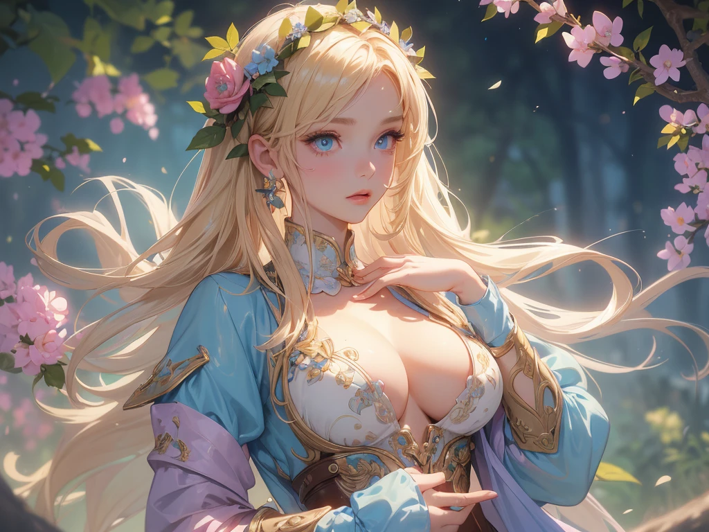 work of art, best qualityer, ultra epic details, (long scarlet red hair), purple iris eyes, Chinese hair, (emanating purple rays), black leagwear, forest in the background, rosto angelical ((Face ultra detailed)), (perfects eyes), frowning eyes, tied up hair, flushed skin, serious expression 