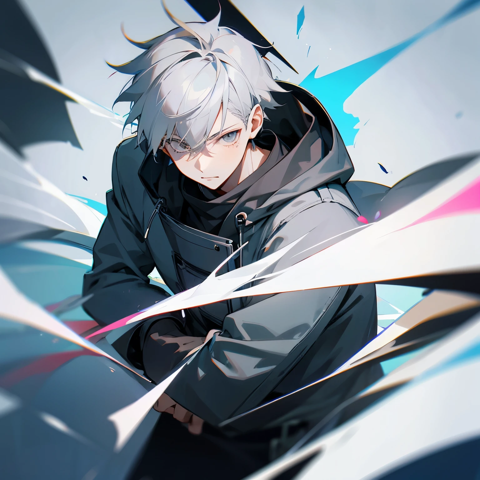 boy, gray hair, white eyes, cool, cool, high image quality