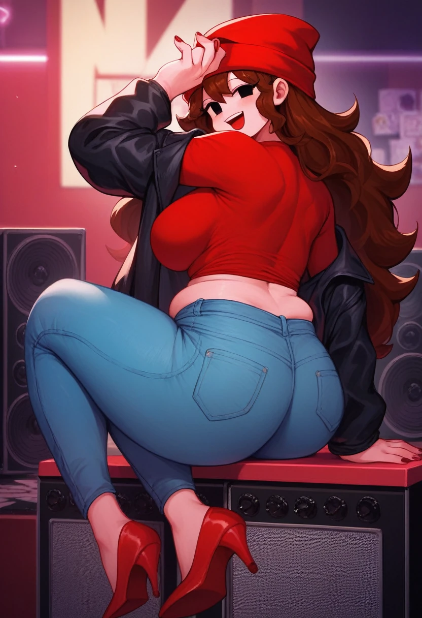 score_9, score_8_up, score_7_up, solo, 1girl, girlfriend \(friday night funkin'\), smile, sitting on speakers, red footwear, high heels, black eyes HypnoLullabyGF, Red beanie hat, solo, brown hair, jacket, red headwear, Blue jeans, smile, red shirt, black eyes, open mouth, black jacket, ((large breasts)), very long hair , full body, sitting, ((from behind)), ((Turned around)), ((Chubby hips)), ((butt))