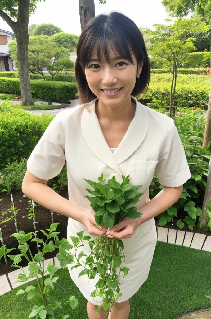 ((Highest quality)), ((masterpiece)), (detailed), Japanese, 40 years old, Beauty, front,Diagonal orientation、smile, Nagoya, Single Mother,Natural Photography,garden