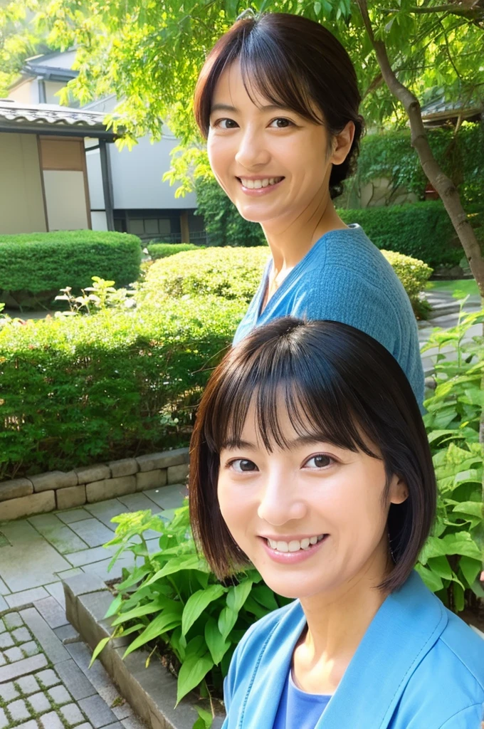 ((Highest quality)), ((masterpiece)), (detailed), Japanese, 40 years old, Beauty, front,Diagonal orientation、smile, Nagoya, Single Mother,Natural Photography,garden