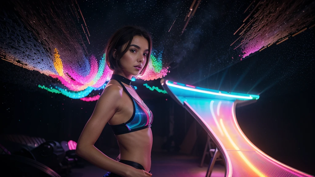 a cute, slender, aerobics instructor, very short brown hair, very short brown hair, very short brown hair, very short brown hair, very short brown hair, brown eyes, dimples, sexy pose; In a kaleidoscopic realm of swirling stardust and neon nebulae, her incandescent form outshines quasars, with obsidian tresses cascading down her silhouette. more neon psychedelic lighting, more neon psychedelic lighting, more neon psychedelic lighting, 