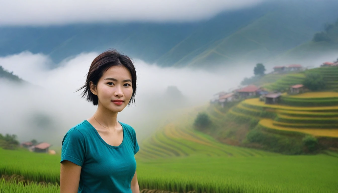Beautiful Korean Woman, Chest size 34 inches, Wear short sleeves and a light skirt, Foggy scenery of Sapa, Vietnam, A terraced rice field is visible, short medium hair, Taken from a distance with a wide angle lens, Realistic living landscape, Front photo facing the camera, best picture quality, Short medium hair blowing in the wind, slight smiling