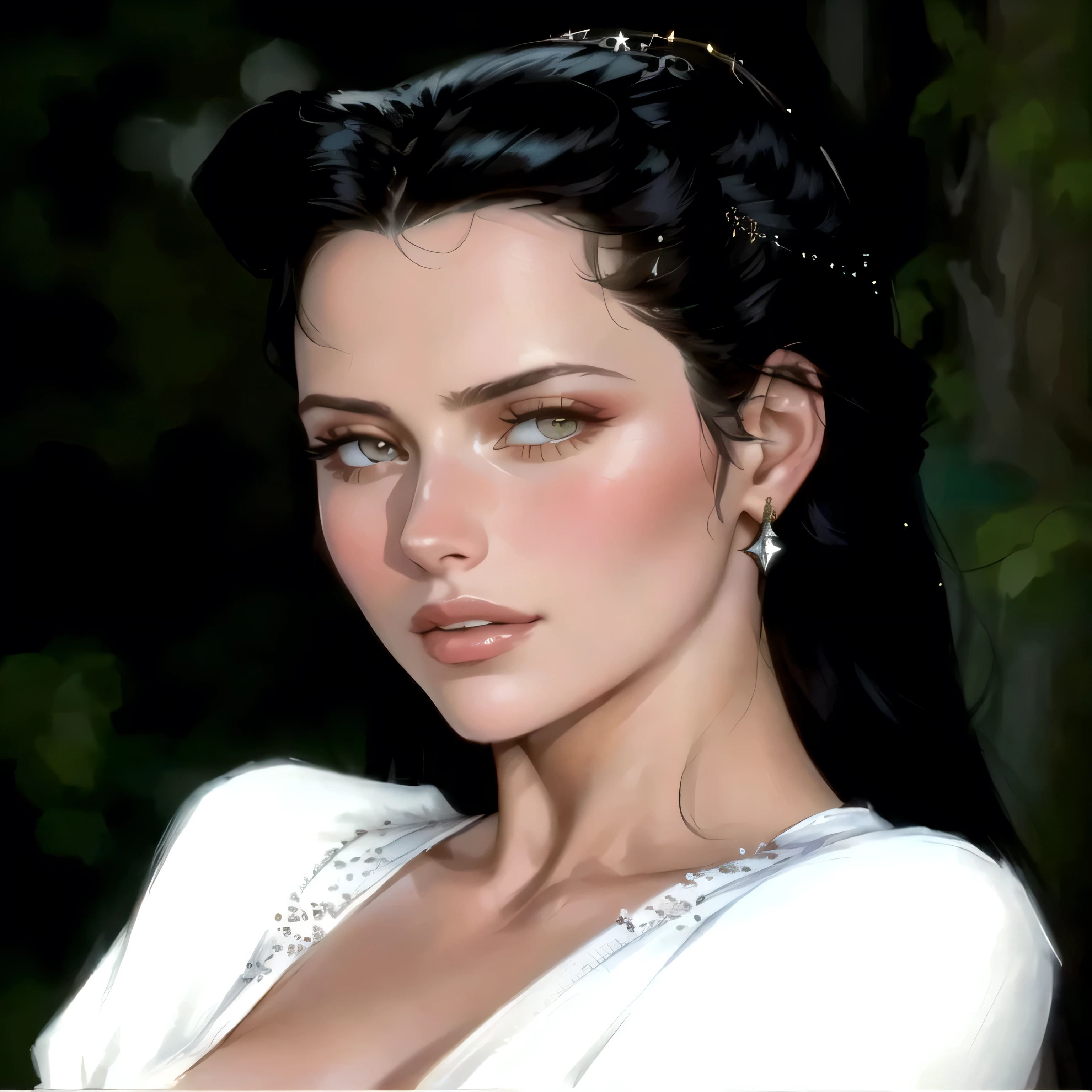 a close up of a woman with a white dress and a black hair, masterpiece! portrait of arwen, arab young monica belluci, anastasia ovchinnikova, beautiful caitriona balfe, yelena belova, kaya scodelario, scarlett hooft, ekaterina, angelina stroganova, by Olga Rozanova