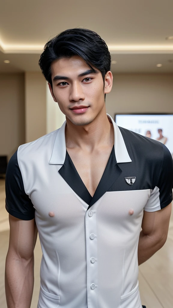name: Alexander Hoang, age: 22, Appearance: Male, 1m85 tall, weight 75kg, Elegant face with square chin and even white teeth, Deep blue eyes with long eyelashes, high straight nose, Full, seductive heart-shaped lips, Flowing black hair, smooth, flawless white skin. There is only one man in the photo. Fashion style: Likes to wear branded clothes from active sports to elegant vests. Character: Tự tin, Fascinating, generous, friendly, clever, Good communication and leadership skills. Hobby: Sports enthusiasts (football, gym), Likes to travel and explore luxurious places, Love technology and update new trends. skill: Speaks many languages (Older brother, phap, Spain), Take professional photos and videos, knowledgeable about fashion and beauty. Story: Born into a rich family, study at a prestigious school, Participate and win prizes in many modeling competitions, Famous influencer with millions of followers.