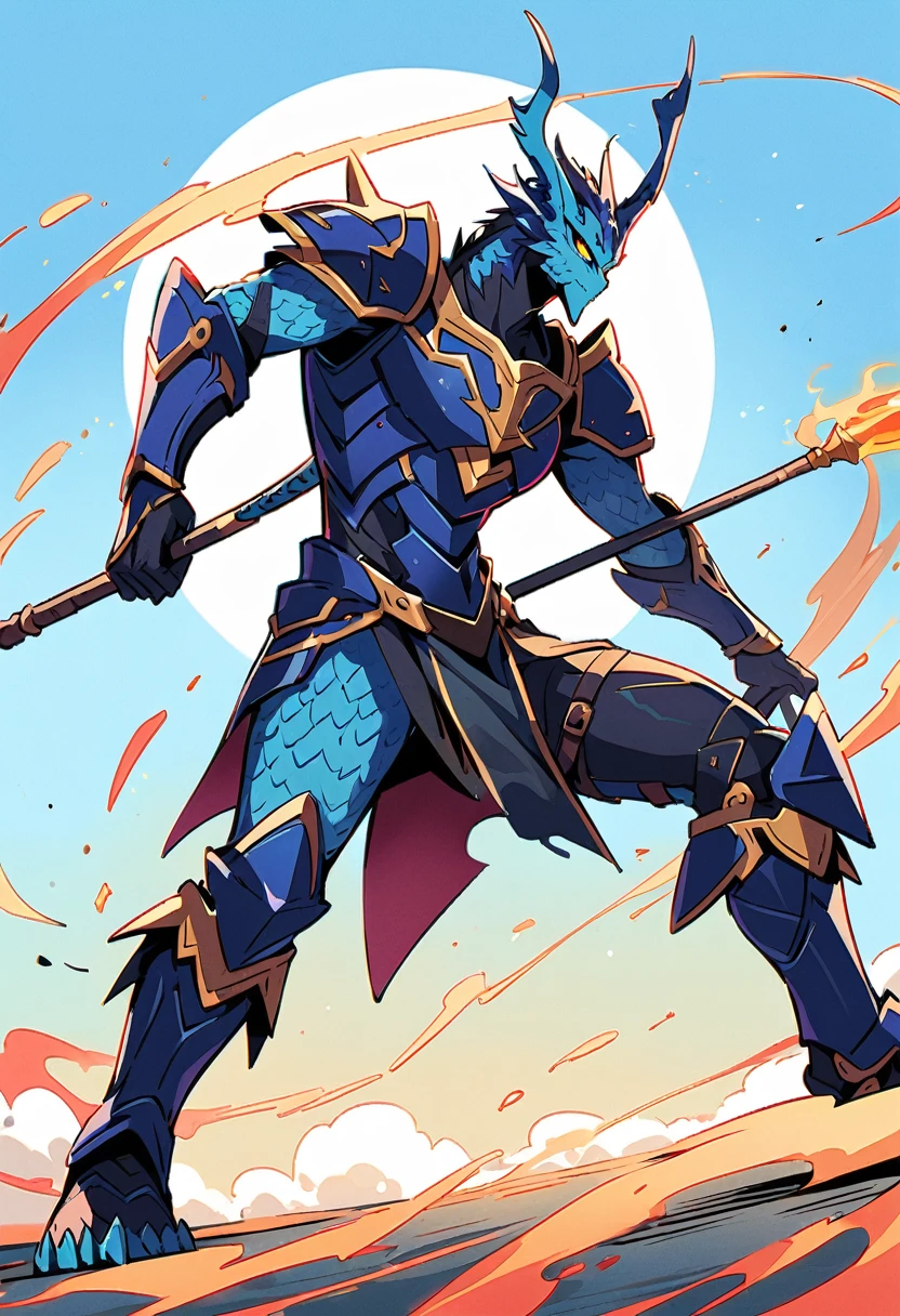 Dragon male, bipedal, blue scales, in leather armor, wielding a staff