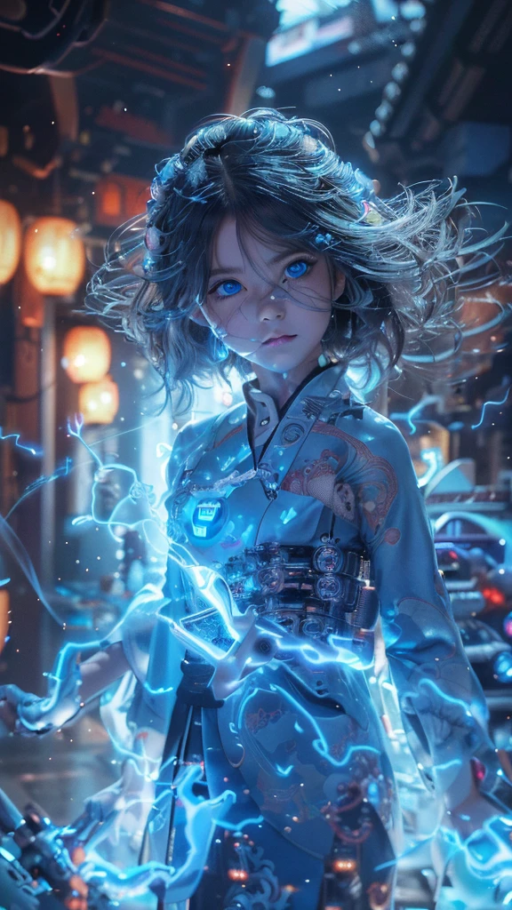 Ultra-detailed, master piece, best quality, high resolution,  detailed eyes, detailed face, (Neo Tokyo:1.5), (Cyberpunk:1.5), (Fusion with Machine:1.5), , very pretty and beautiful, girl with mysterious atmosphere, ghost,  in appearance, graceful in traditional Japanese costume and design, (beautiful light blue eyes:1.5), (light blue plasma around her:1.5), bio-mechanical, traditional Japanese room with elegance, long black hair, bangs, face, hands, design and (light blue plasma surrounds), biomechanical, Japanese traditional noble Japanese room, long black hair, bangs, face, hands, designs and decorations are detailed and clearly drawn, ultra realistic and realistic image with super high resolution