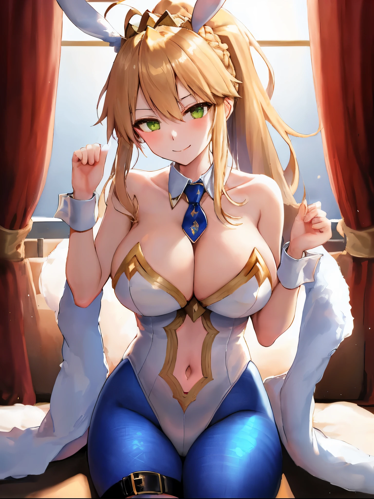 masterpiece, best quality, absurdres, soft lighting, looking at viewer, solo, light_smile, shy,
1girl, ahoge, rabbit ears, playboy bunny, artoria pendragon \(swimsuit ruler\) \(fate\), large breasts , blonde hair, green eyes, french braid, pony tail
bare shoulders, large breasts , cleavage,
clothing cut out, wrist cuffs, detached collar, navel cutout, feather boa,
white leotard, blue necktie, blue pantyhose, single thigh strap, hands_on_head,put_hands_up,
squat,gorgeous_background,solo,rabbit_posing,large_thighs,Extend_fingers,palm,open_legs,.solo