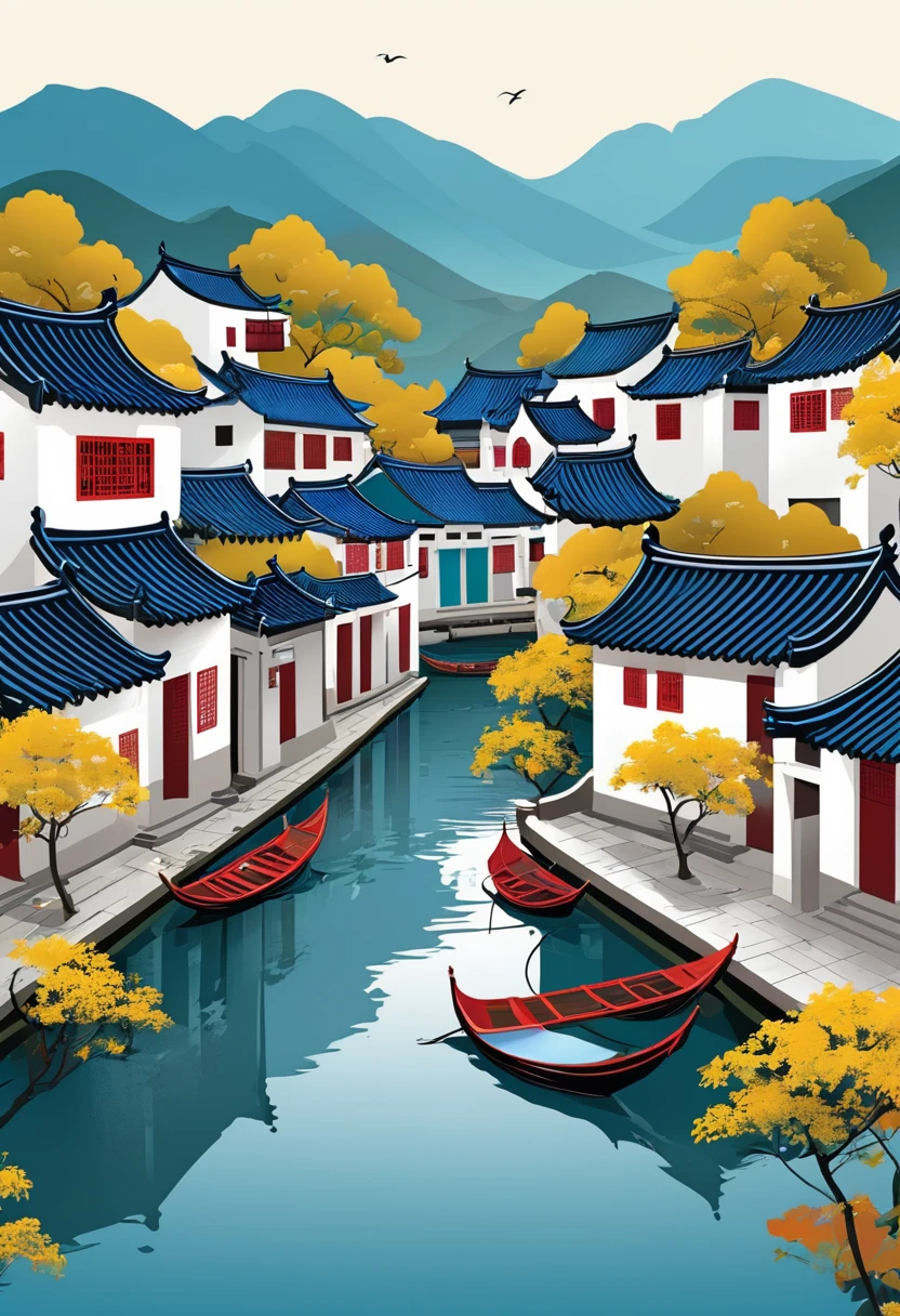 geometry,Simple,Vector illustration,Jiangnan Water Village,Crowboat