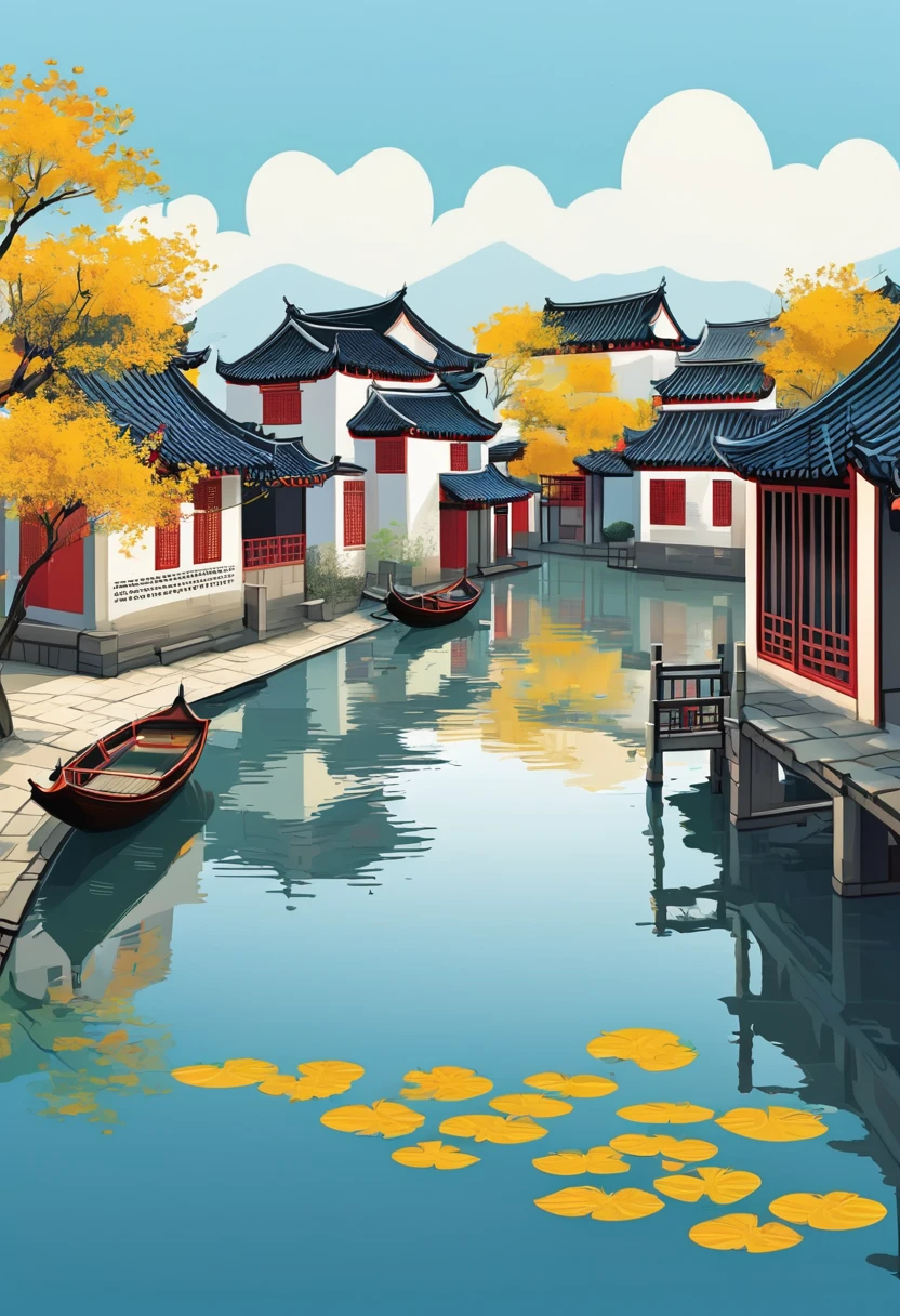 geometry，Simple，Vector illustration，Jiangnan Water Village，Crowboat