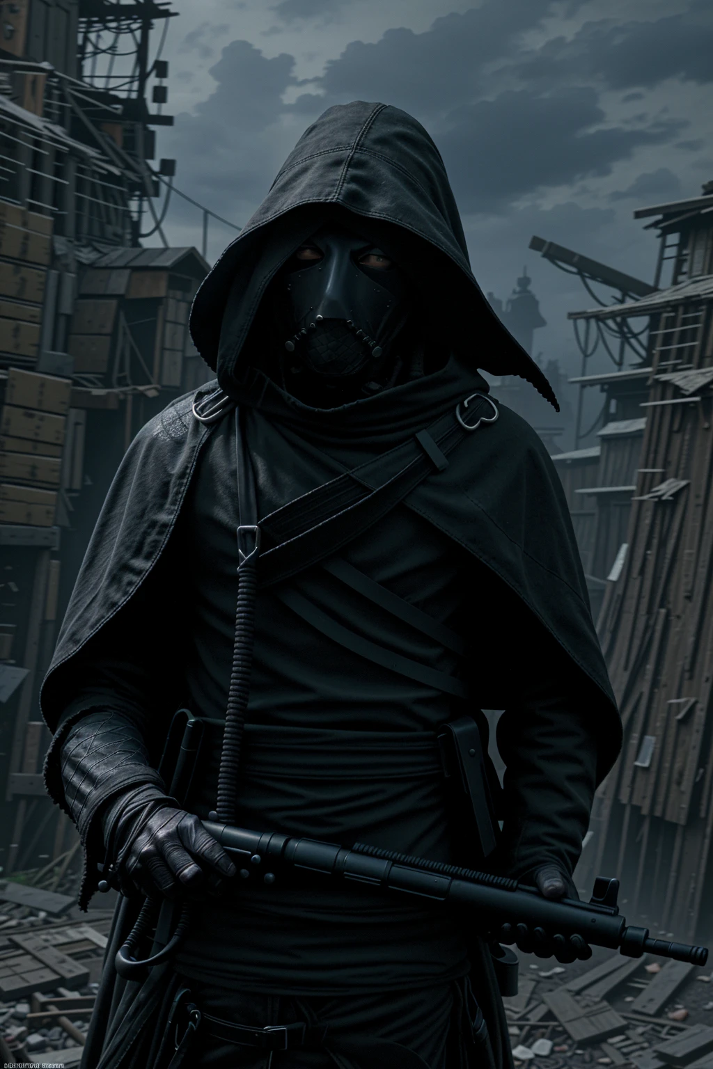 a man wearing military grade armor and padding, gear belt full of gun magazines, a tattered hood over his head, wearing a plague doctor's mask, a futuristic and hastily repaired semi-automatic rifle, a regular built body, wearing a messy black cloak, bandage wraps around his arms