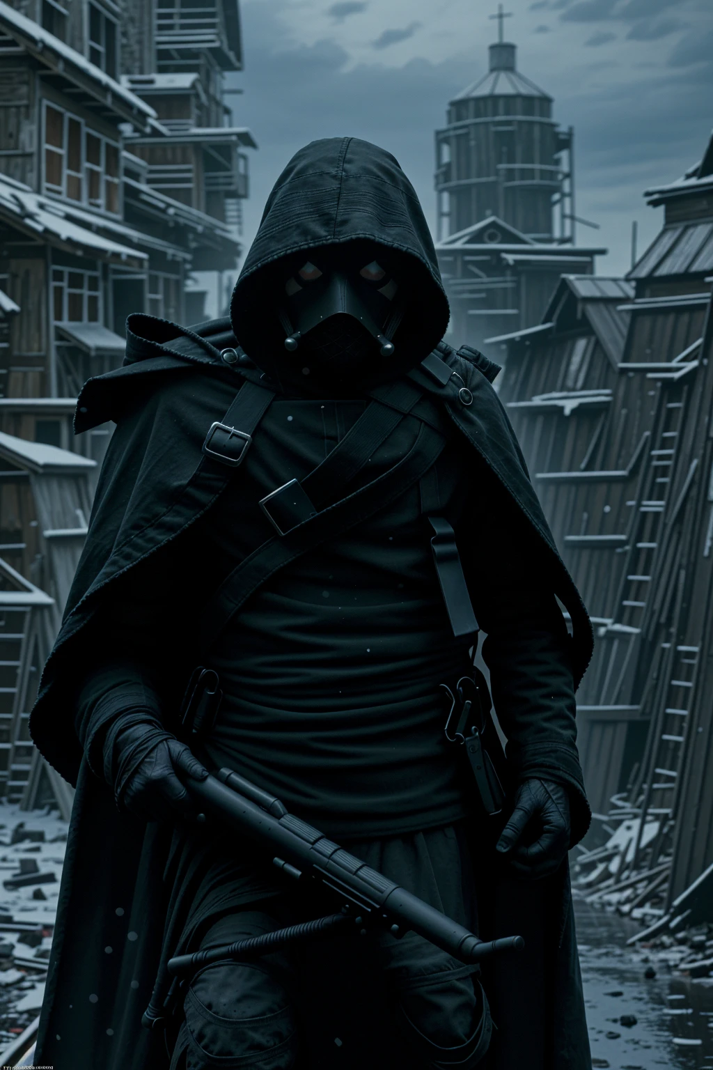 a man wearing military grade armor and padding, gear belt full of gun magazines, a tattered hood over his head, wearing a plague doctor's mask, a futuristic and hastily repaired semi-automatic rifle, a regular built body, wearing a messy black cloak, bandage wraps around his arms