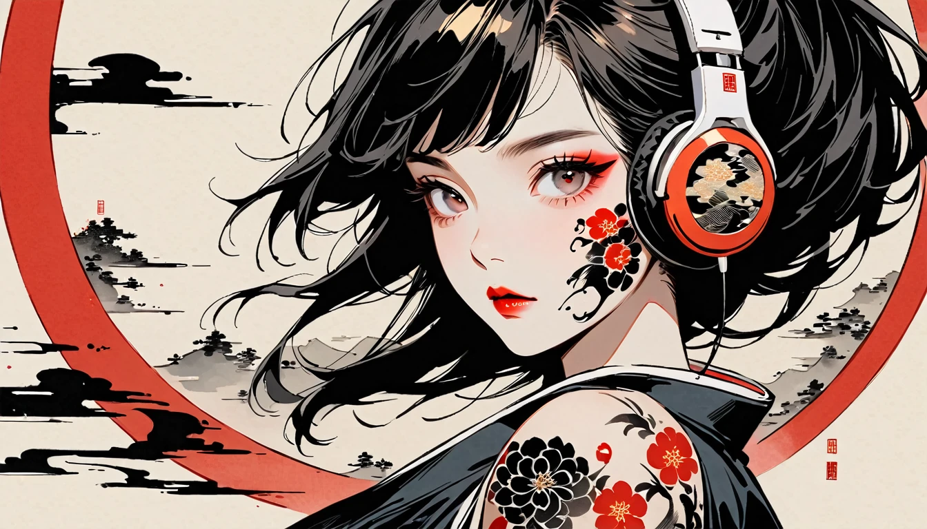 Ink Painting, (((1 girl))), (((Tattoo on face))), Japanese style headphones, Crazy beautiful girl, Black Hair, Delicate and precise, Modern ukiyo-e style, 