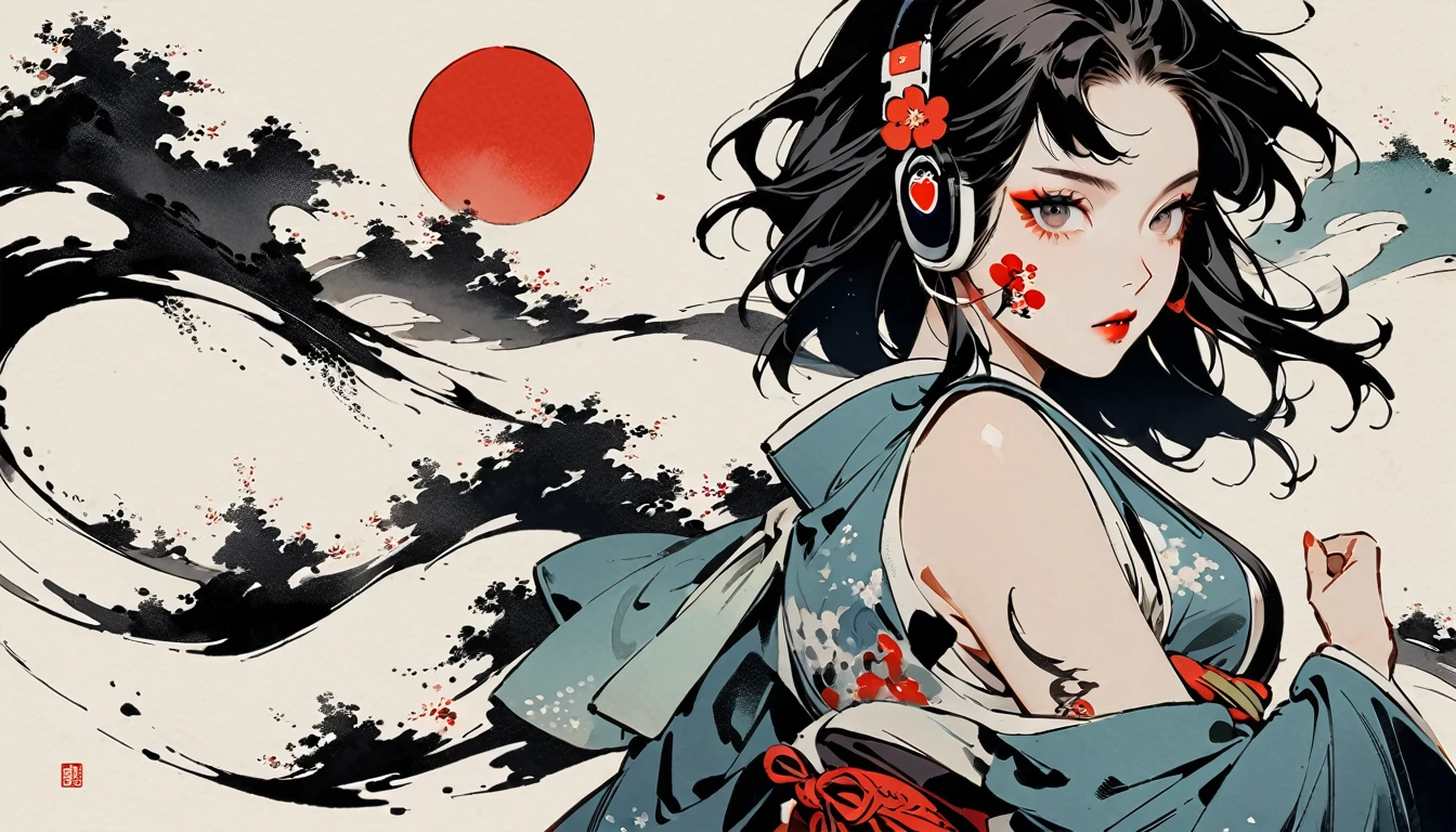 Ink Painting, (((1 girl))), (((Tattoo on face))), Japanese style headphones, Crazy beautiful girl, Black Hair, Delicate and precise, Modern ukiyo-e style, 