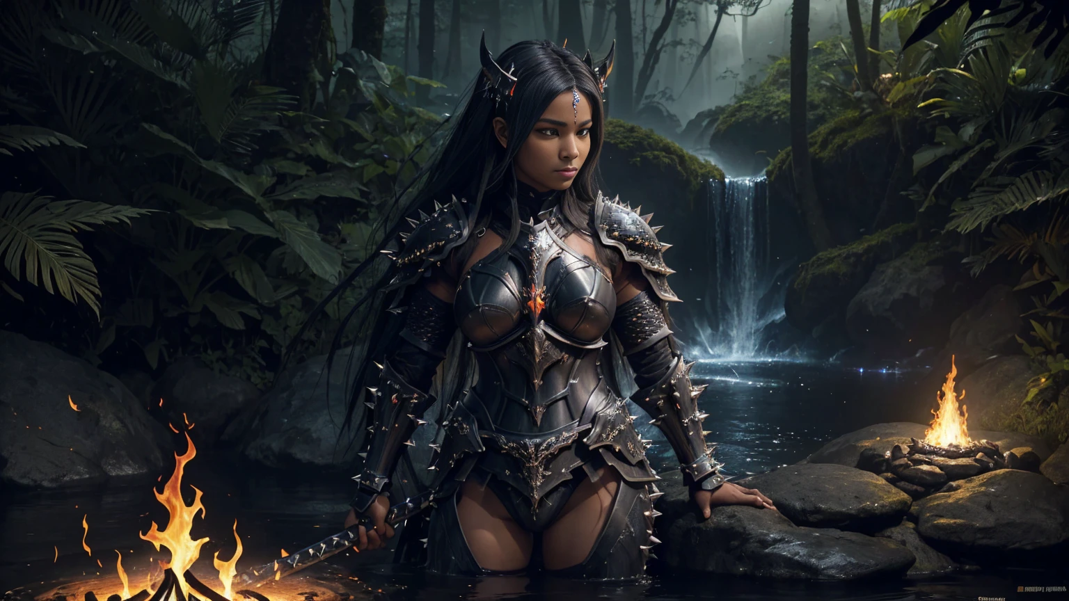 In a lush jungle setting, in the middle of the misty veil formed by majestic waterfalls, a sublime blonde warrior sits on a rock, her gaze piercing directly into the camera lens. The (dark night sky) above is lit by a fiery red moon, casting an unearthly glow. A (brazier) projects its glow on a magnificent (huge claymore planted in a rock). Her perfect physique is highlighted by (beautiful bikini armor) adorned with (Ebony and flames:1.3). Her black tiara, made from black horns, rests on her long blonde hair and she wears a sensual smile.The gentle flow of the river creates a calming hum, while the warrior's confidence radiates through the cinematic frame. (Darkness:1.5). (Ebony Armor, flames Armor, spiked armor:1.5)