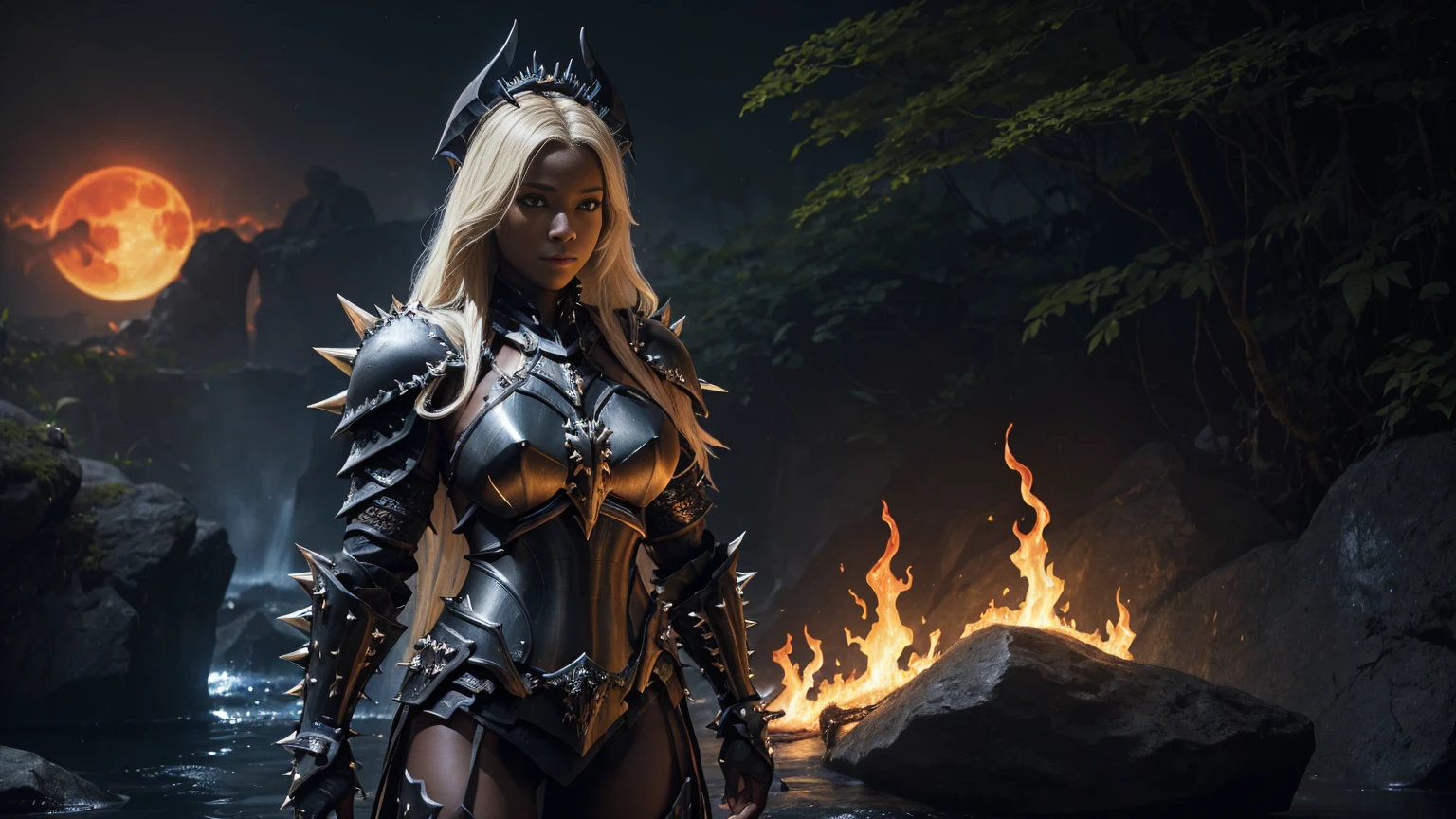 In a lush jungle setting, in the middle of the misty veil formed by majestic waterfalls, a sublime blonde warrior sits on a rock, her gaze piercing directly into the camera lens. The (dark night sky) above is lit by a fiery red moon, casting an unearthly glow. A (brazier) projects its glow on a magnificent (huge claymore planted in a rock). Her perfect physique is highlighted by (beautiful bikini armor) adorned with (Ebony and flames:1.3). Her black tiara, made from black horns, rests on her long blonde hair and she wears a sensual smile.The gentle flow of the river creates a calming hum, while the warrior's confidence radiates through the cinematic frame. (Darkness:1.5). (Ebony Armor, flames Armor, spiked armor:1.5)