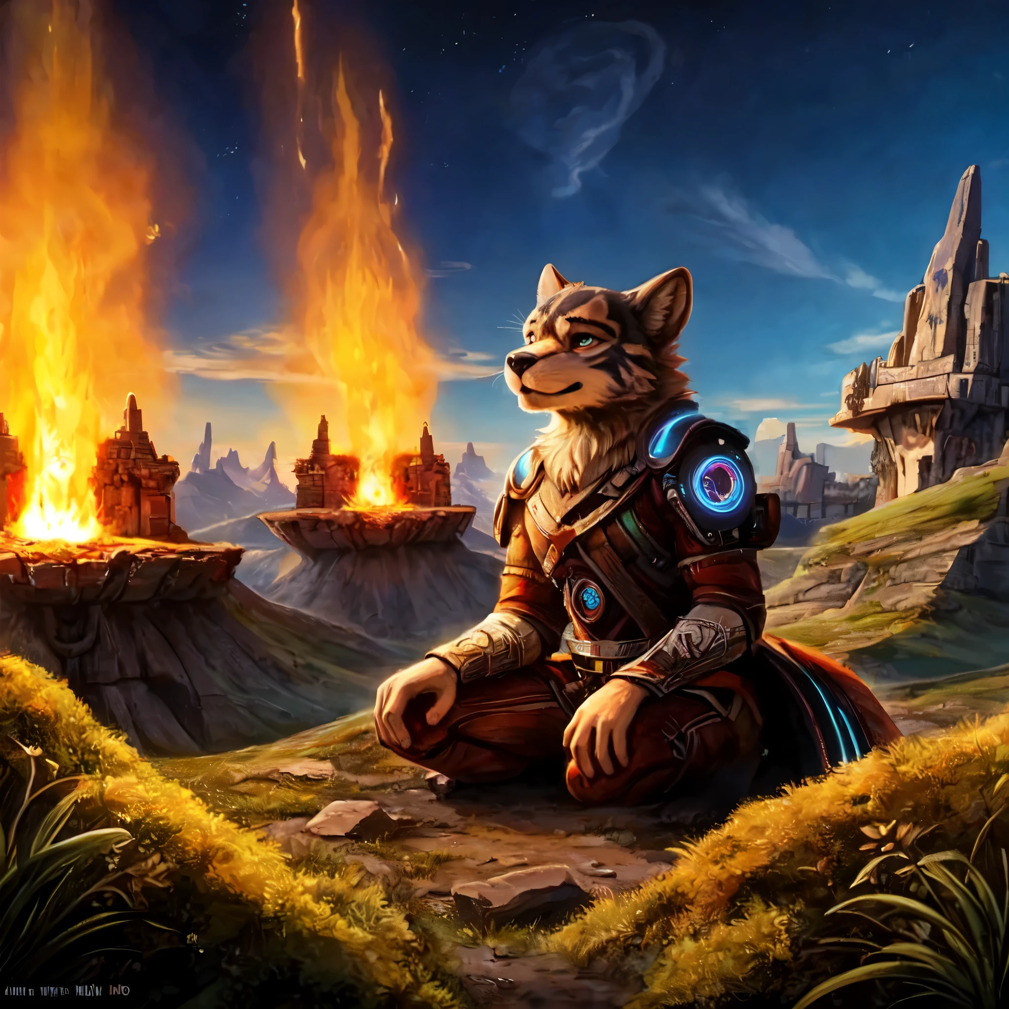 ((Barefoot furry character, full body, sharp image, focus image, furry male, plantigrade))
There is no time,
There's no space, there's no death,
There's no life, no more fear
For those who have chose to adhere.
The divine will continue our job
When the Greatest of Wars
Has destroyed all that's left
Of our world.
Our vessels in the sky
Built of living fibre,
What we've made will never die
In the Earth on Fire
Our knowledge, our lord
Safely locked inside those
Whose minds perish never more
Changing flesh as their clothes.
Time will go, the seeds will flourish in the soil
A new world brings a new round of the coil...
BREAK, ((science-fiction scenery)), ((hi-tech civilization)), intricate details, highly detailed, extreme detail, fine art, best quality, highres, (detailed face:1.5), ((full_body)), UHD, (((perfect hands))), low light