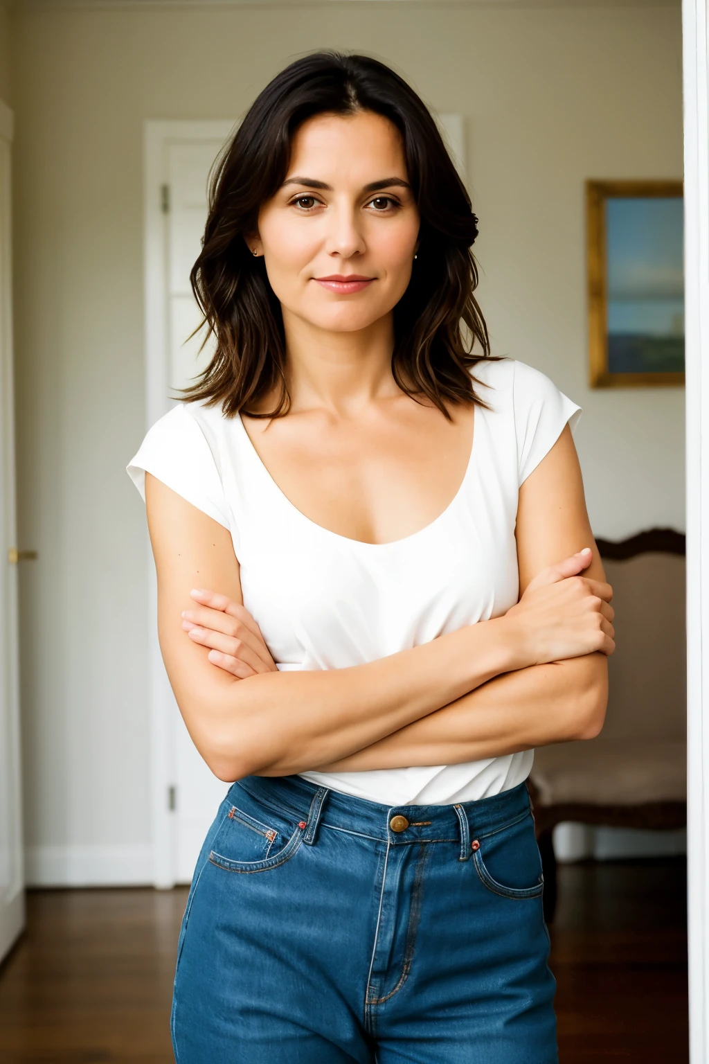 Portrait of a very beautiful middle-aged woman of European appearance. Standing straight, arms at the seams, shoulders straight, shoulders turned, head straight, looking straight ahead. Serious expression of the face. Bust. Her hair is short. She is posing for a passport photo.