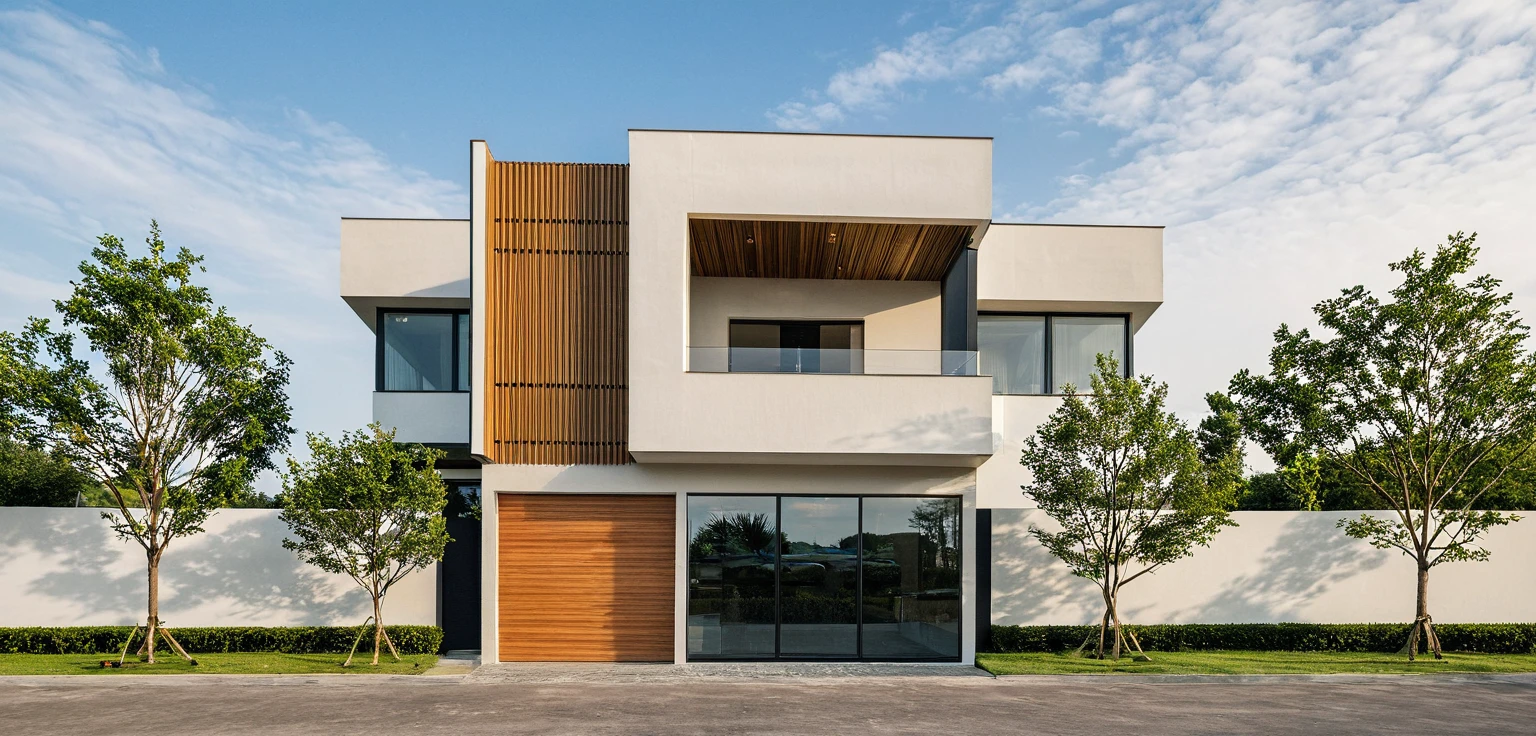 Masterpiece, high quality, best quality, authentic, super detail, outdoors, onestoreyvillaXL, aiaigroup, house style modern on the street, ((luxury villa)), stairs, white wall ,road,pavement, grass, trees, sky, cloud, (daylight:1.1),