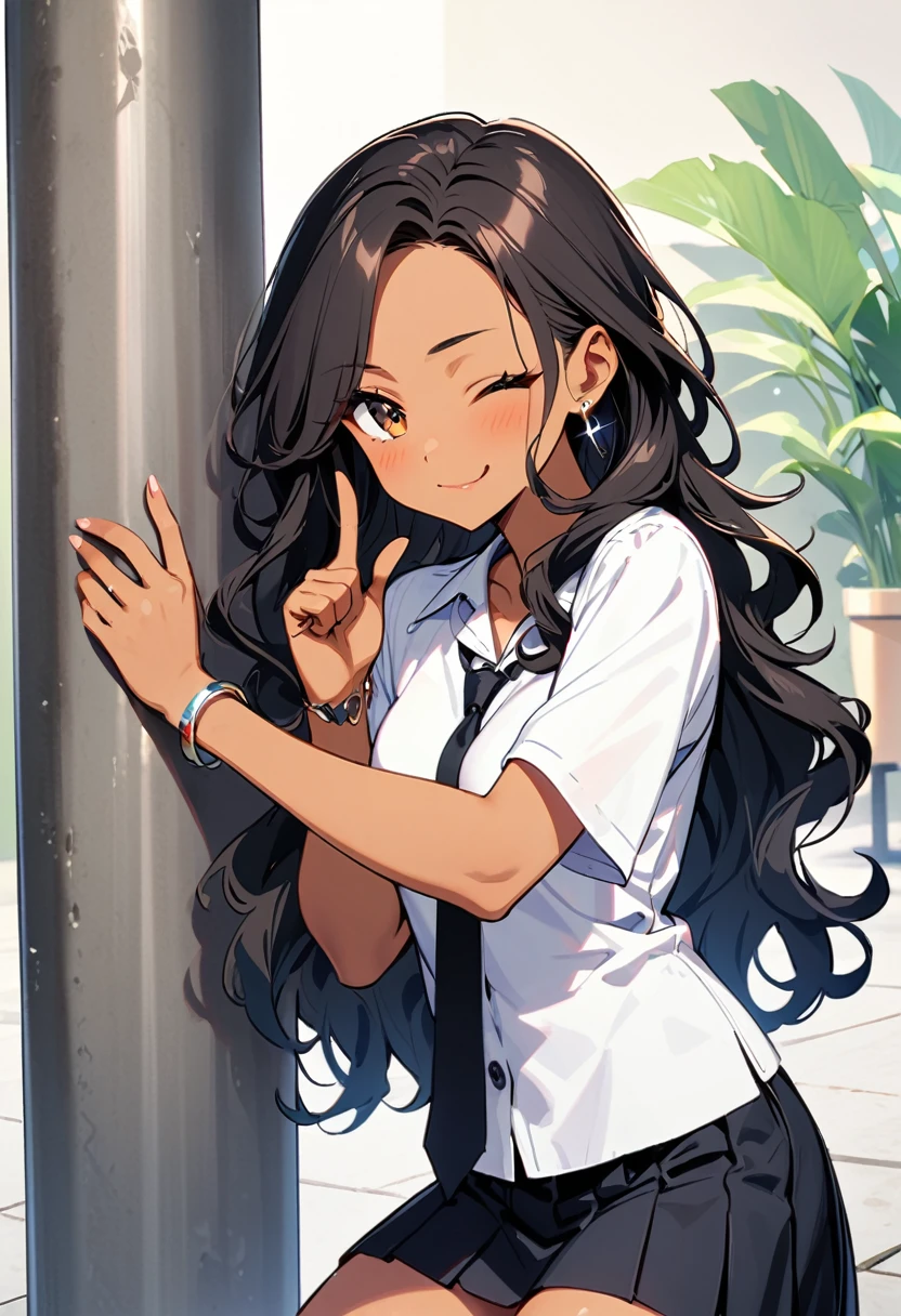 a woman, 19-years-old, solo, mature face, average height, tan skin, (long black wavy hair that's parted in the middle, no bangs:1.2), brown eyes, winking, one eye closed, white blouse, short sleeves, black necktie, black high-waisted pleated skirt, small silver earrings, silver bracelet, leaning back against concrete pillar, indoor, playfully biting finger, thighs
