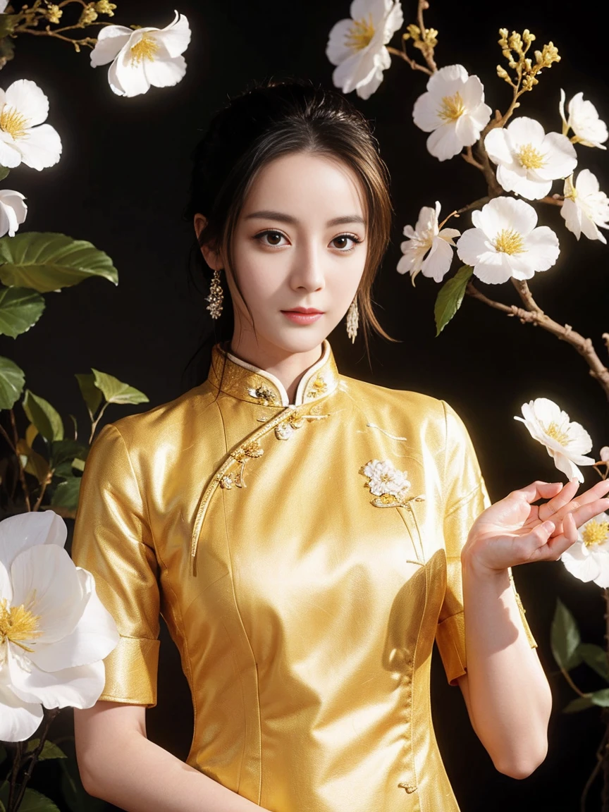 Frontal photo of the girl， Yellow cheongsam with white flowers on it，Holding a golden bowl in the left hand，Holding a golden Ruyi in the right hand， Light background，