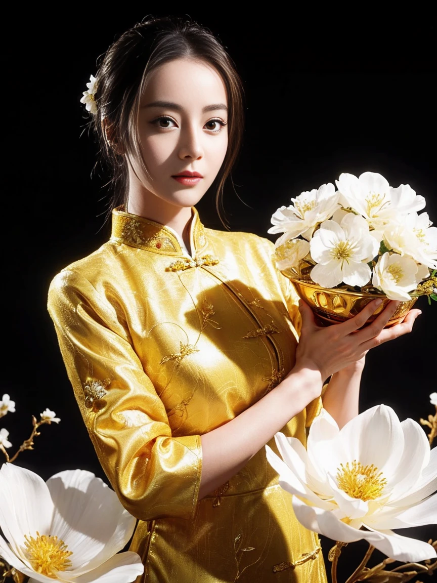 Frontal photo of the girl, Yellow cheongsam with white flowers on it,Holding a golden bowl in the left hand,Holding a golden Ruyi in the right hand, Light background,