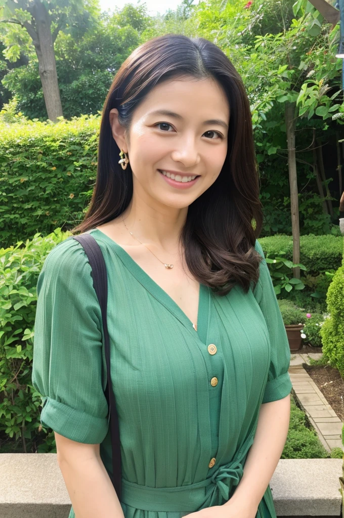 ((Highest quality)), ((masterpiece)), (detailed), Japanese, 40 years old, Beauty, front,Diagonal orientation、smile, Nagoya, Single Mother,Natural Photography,garden