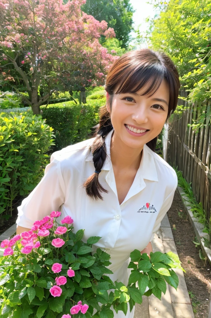((Highest quality)), ((masterpiece)), (detailed), Japanese, 40 years old, Beauty, front,Diagonal orientation、smile, Nagoya, Single Mother,Natural Photography,garden