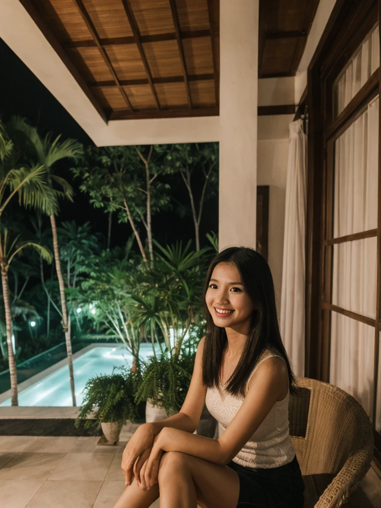 Jasmine, 1girl, solo, realistic, photorealistic, high quality picture, 8k, high resolution, detailed quality, film grain, natural photo, ultrarealistic, (((25-years-old))), ((detailed wrinkles in her face)), FILIPINA, (Background: Thailand), (((SLIM))), ((THIN)), (Slender) ((Jet-black hair)), Light smile, fully clothed, Pose: Sitting, ((sitting on her patio in her house in Thailand)), Night time, full shot