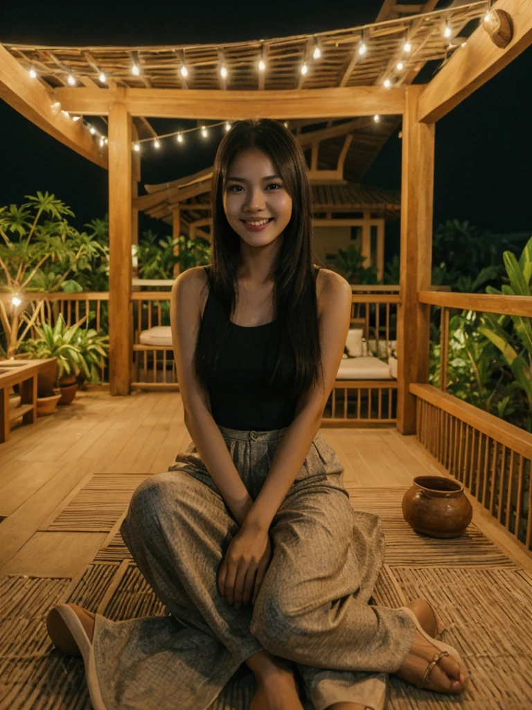 Jasmine, 1girl, solo, realistic, photorealistic, high quality picture, 8k, high resolution, detailed quality, film grain, natural photo, ultrarealistic, (((25-years-old))), ((detailed wrinkles in her face)), FILIPINA, (Background: Thailand), (((SLIM))), ((THIN)), (Slender) ((Jet-black hair)), Light smile, fully clothed, Pose: Sitting, ((sitting on her patio in her house in Thailand)), Night time, full shot