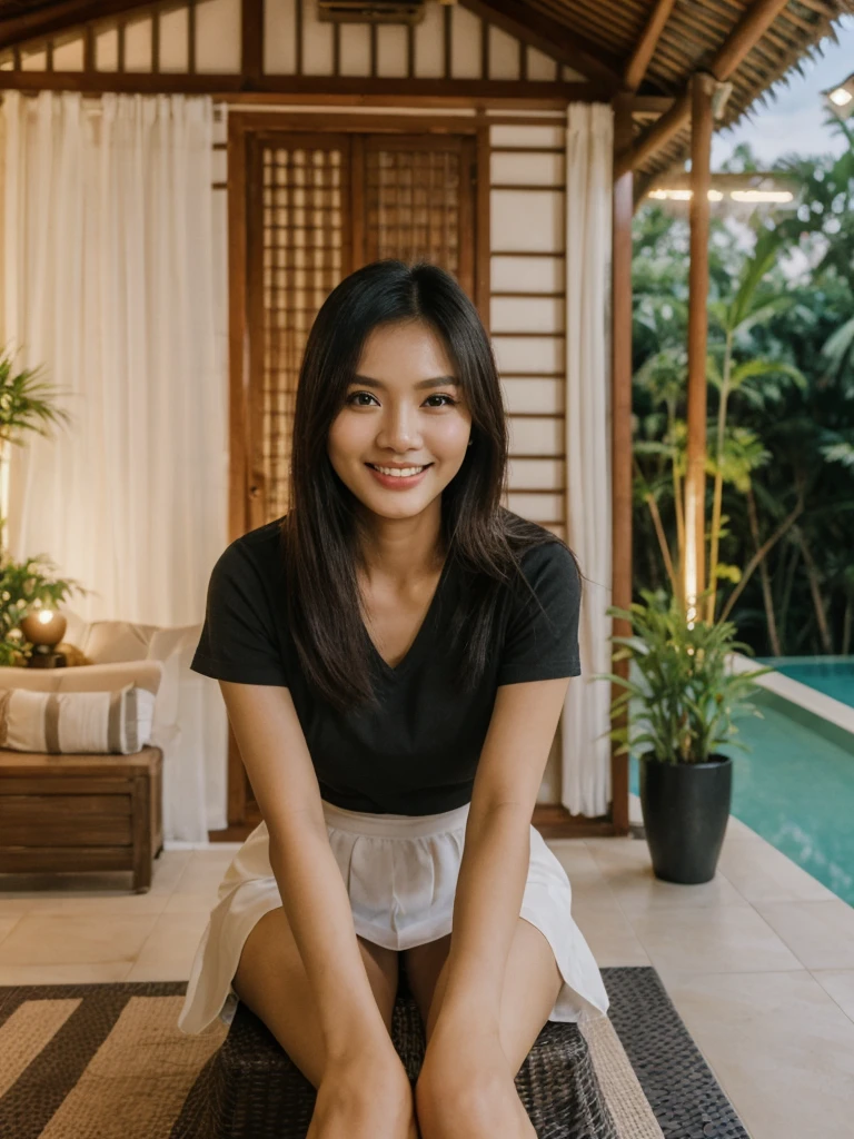 Jasmine, 1girl, solo, realistic, photorealistic, high quality picture, 8k, high resolution, detailed quality, film grain, natural photo, ultrarealistic, (((25-years-old))), ((detailed wrinkles in her face)), FILIPINA, (Background: Thailand), (((SLIM))), ((THIN)), (Slender) ((Jet-black hair)), Light smile, fully clothed, Pose: Sitting, ((sitting on her patio in her house in Thailand)), Night time, full shot