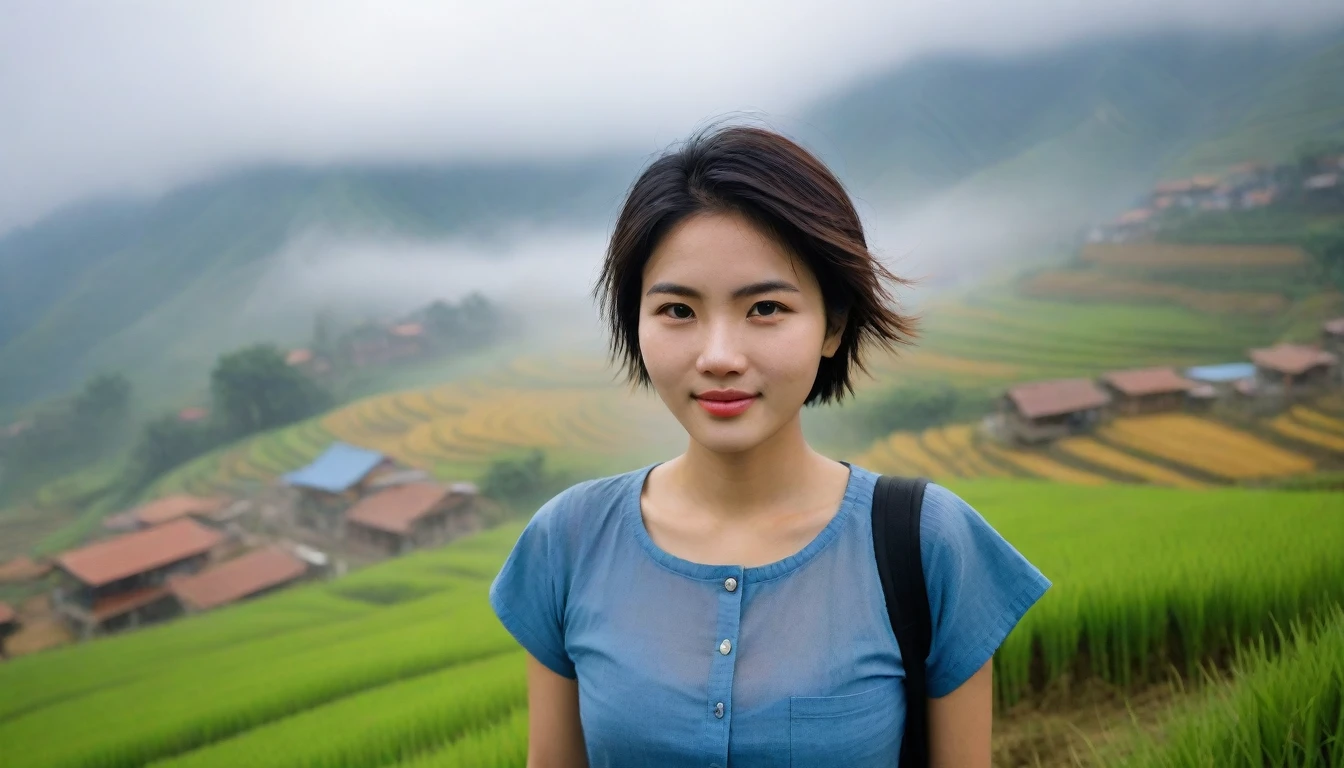 Beautiful Korean Woman, Chest size 34 inches, Wear short sleeves and a light skirt, Foggy scenery of Sapa, Vietnam, A terraced rice field is visible, short medium hair, Taken from a distance with a wide angle lens, Realistic living landscape, Front photo facing the camera, best picture quality, Short medium hair blowing in the wind, slight smiling