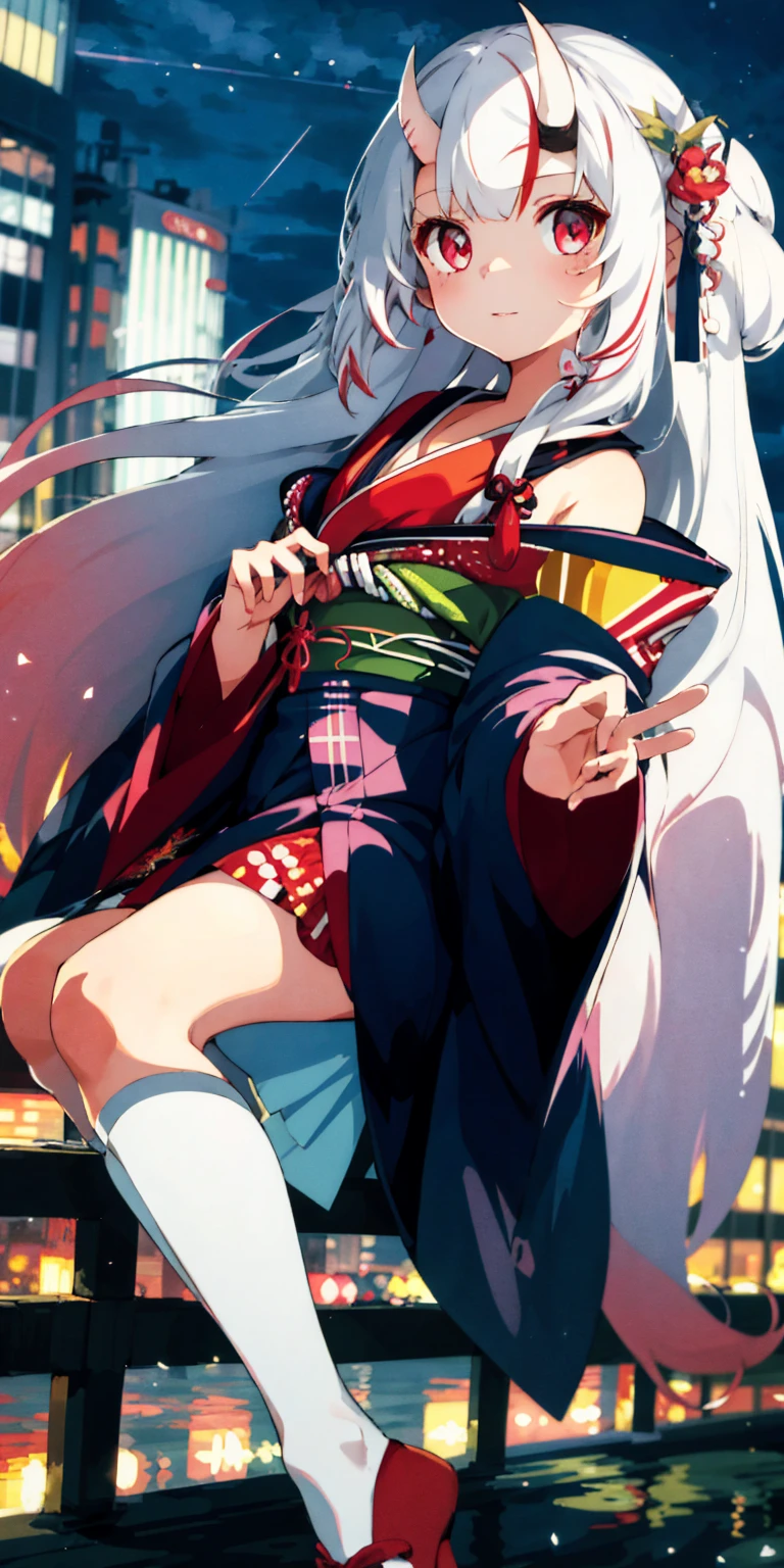 One Girl, Beautiful details, Long white hair, eyes are a little red, , White knee-high socks, kimono、kimono、Shiny skin, city, night, High Contrast, ((masterpiece, Highest quality))