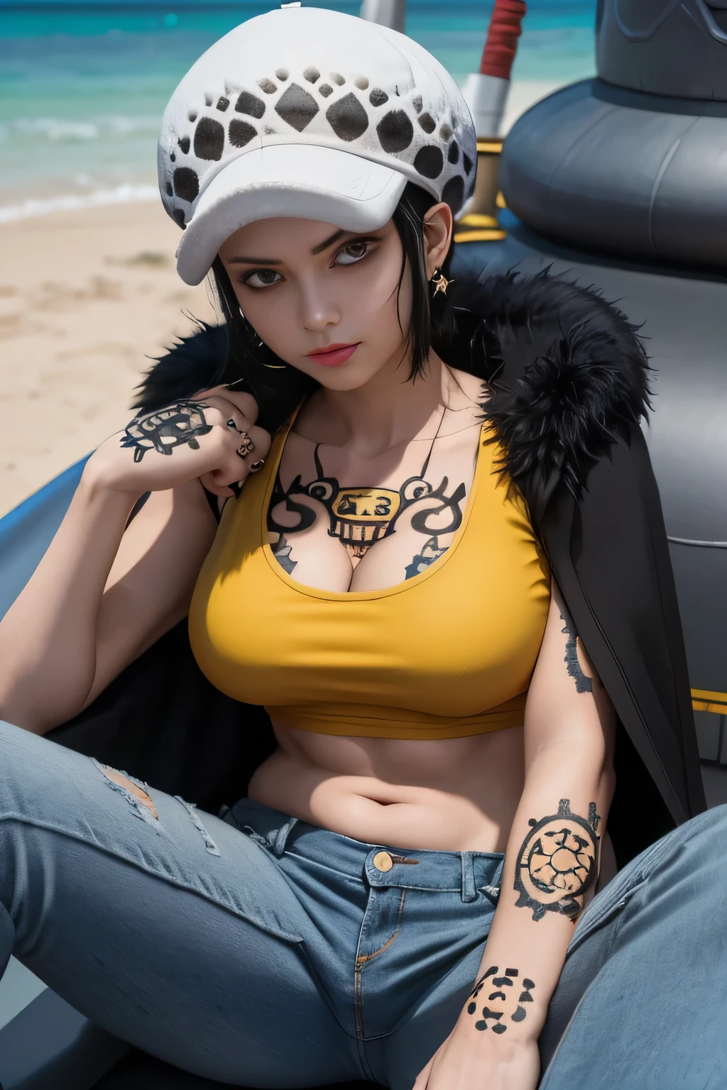 masterpiece, best quality, 8k,highestres, absurdres, extremely detailed, female trafalgar law, 1girl, 1sword, solo, looking at viewer, short hair, medium breasts, hat, navel, cleavage, collarbone, earrings, midriff, pants, coat, fur trim, denim, jeans, shoulder tattoo, hand tattoo, finger tattoo, black fur-trimmed coat, coat on shoulders, yellow tank top, nice, chubby, big , body, ((sitting on a submarine)),///