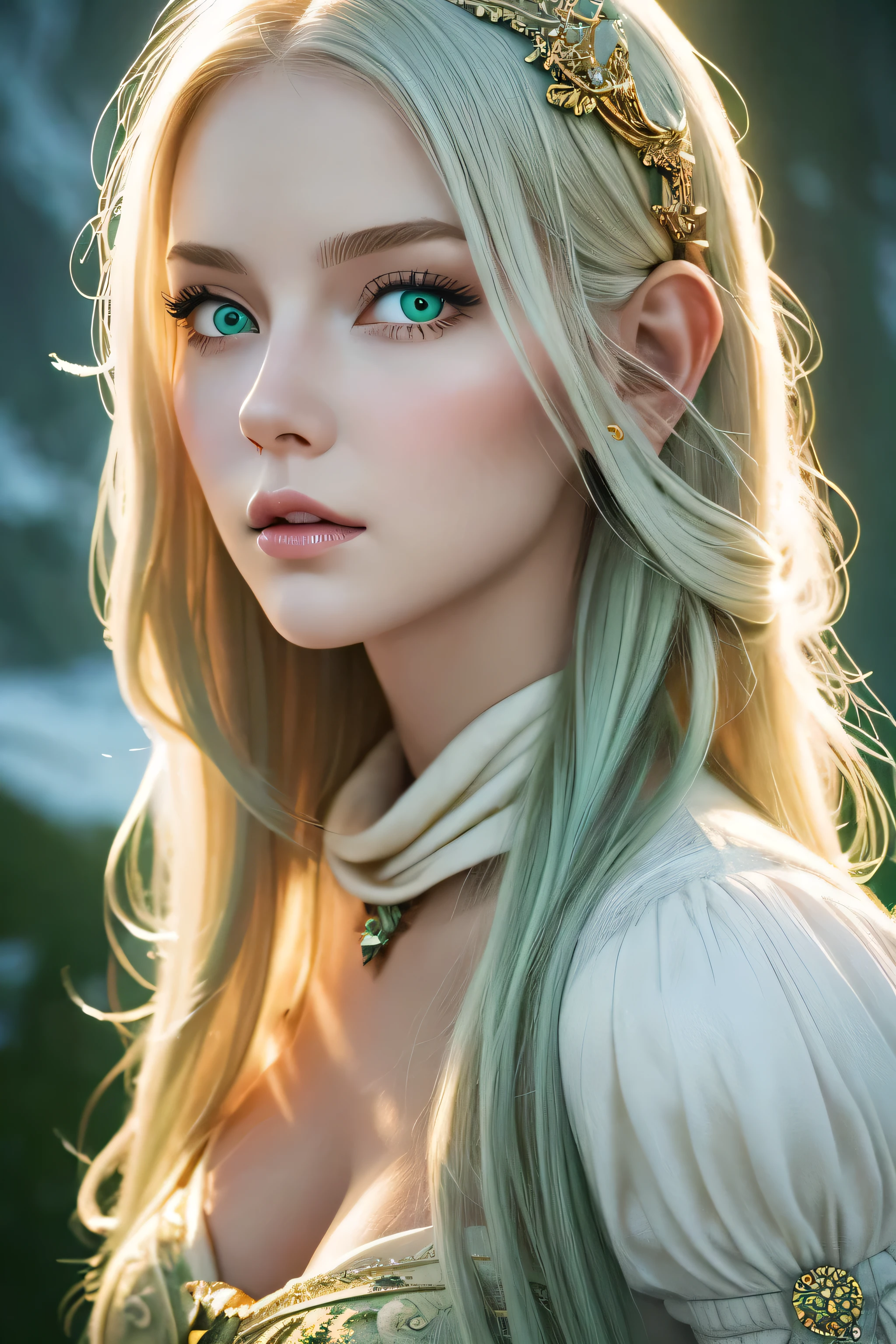 Vintage style fantasy, masterpiece, Great art, Highest quality, One girl, Close-up Girl Nordic Princess, Scandinavian Mountains々, Winter Weather, Symmetrical and highly detailed face, Peach silky silky skin, Vivid and aggressive green eyes, White, messy hair down to her waist, Sculptural body, (spark: 0.7), Adobe Illustration, Artstation&#39;s Trand, 8K, High resolution, 超High resolution, Cold and soft lighting,  --q 500 --s 100, -