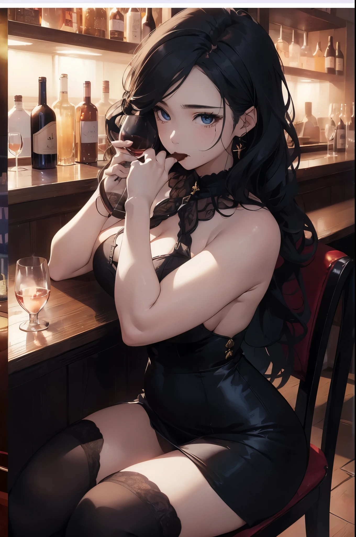 最high quality、best image quality、masterpiece、age girl((20-year-old、 By becoming、vest bust、medium bust,wide open breast tea、Shining eyes, blonde hair、long hair、thin,highest valley、ponytail、Bartender costumeini skirt、holding a wine bottle、random pose)),high quality、beautiful art、background((night bar))debris flies、Depth of written boundary、movie、visual art、perfect art、8K,genuine、
