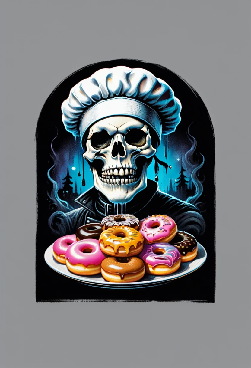 Design a t-shirt featuring a fantasy skullart illustration of a scary skull with a white chef hat Combine a detailed black and white drawing with vibrant, colorful digital fantasy elements , creepy donuts. Draw inspiration from the intricate and dynamic styles of Dan Mumford, junko mizuno, and Frank Frazetta.negative space