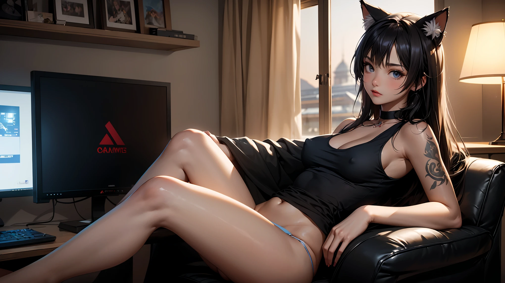 Create a high-quality, detailed image of a beautiful, anime gamer girl with tattoos and long hair, and small cat ears, sitting at her gaming PC in her gaming room. She is wearing a see through tank top, barely showing her nipples, and panties, showing her midriff, highlighting her stunning curves. The warm, inviting scene includes soft ambient lighting, comfortable seating, The setting is illuminated by a small lamp, creating a serene and intimate atmosphere