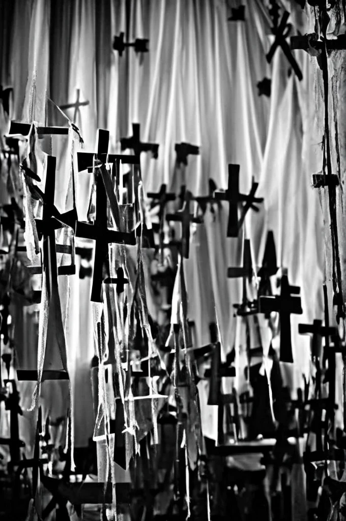 When the curtains call the time
Will we both go home alive?
It wasn't hard to realize
Love's the death of peace of mind
You're in the walls that I made with crosses and frames
Hanging upside down
For granted, in vain, I took everything
I ever cared about
