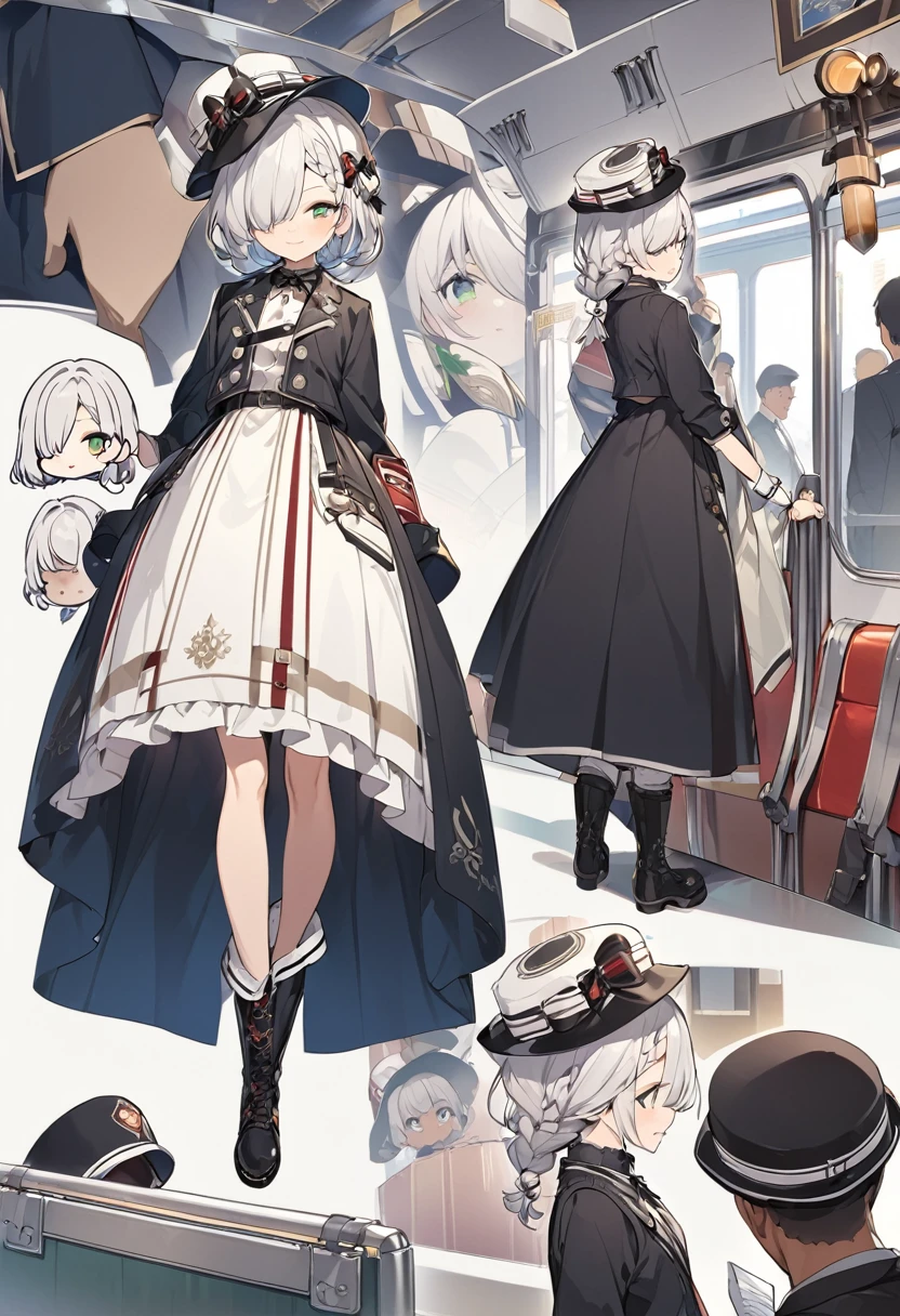 BREAK Perfect Anatomy、(High resolution:1.2)、Incredible illustrations、(Cute illustrations:1.2)、()(cinematic angle,ceiling,solo focus,)
(Beautiful background)((costume setup materials) and (three views from front , back and side) and (reference sheet) and (to many pose))
1girl(a (male focus,tom girl), 1.7meters, 45kg,,dark skin:2.5 ,green eyes,silver hair,hair over one eye,long french braid,lipstick:1.2)(light smile)
(tyrolean hat,dark rail road man's coat,Vest jacket with lines,slacks,workman's boots) Conductor checking tickets inside the train