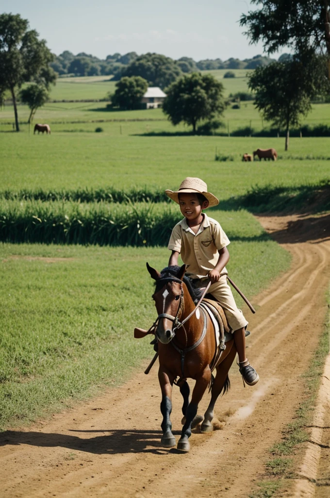 rural lifestyle girl A boy runs and plays on a banana stem horse.